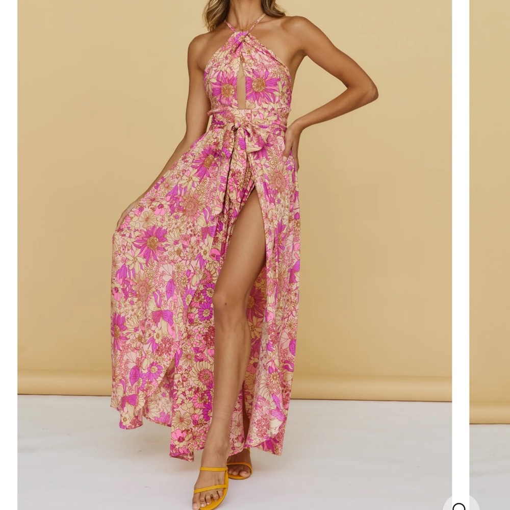 Pink Floral Halter Maxi Dress with Front Tie and High Slit